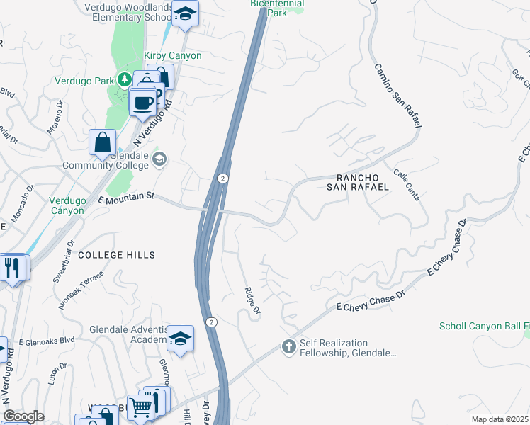 map of restaurants, bars, coffee shops, grocery stores, and more near 1015 Calle Azul in Glendale