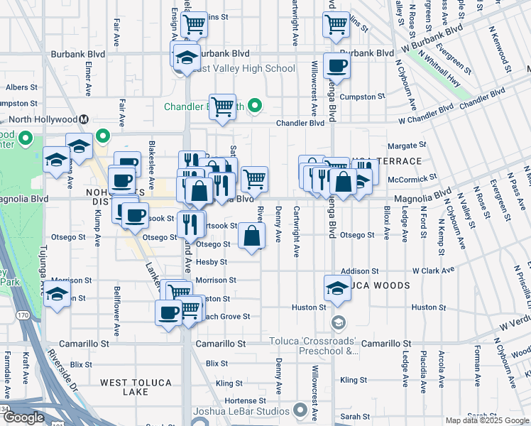 map of restaurants, bars, coffee shops, grocery stores, and more near 5150 Riverton Avenue in Los Angeles
