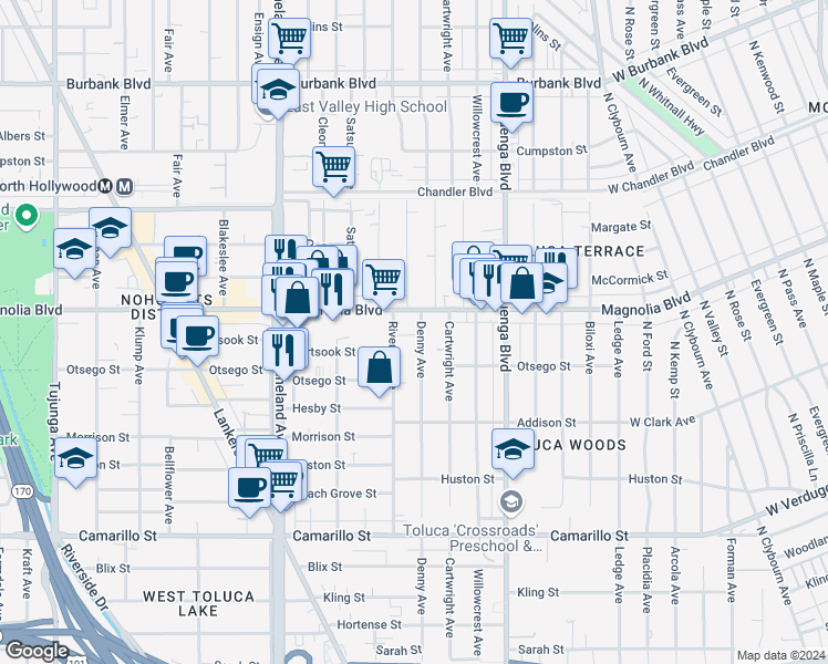 map of restaurants, bars, coffee shops, grocery stores, and more near 5151 Denny Avenue in Los Angeles