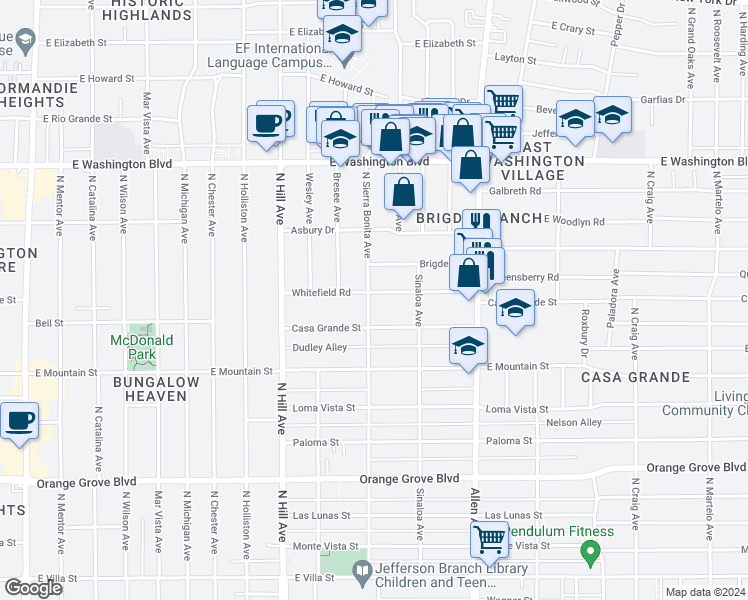 map of restaurants, bars, coffee shops, grocery stores, and more near 1052 North Sierra Bonita Avenue in Pasadena