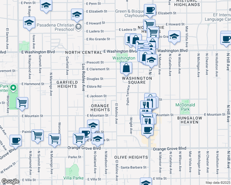 map of restaurants, bars, coffee shops, grocery stores, and more near 1065 North El Molino Avenue in Pasadena