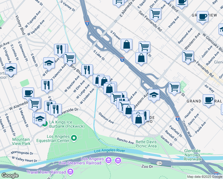 map of restaurants, bars, coffee shops, grocery stores, and more near 324 Irving Avenue in Glendale