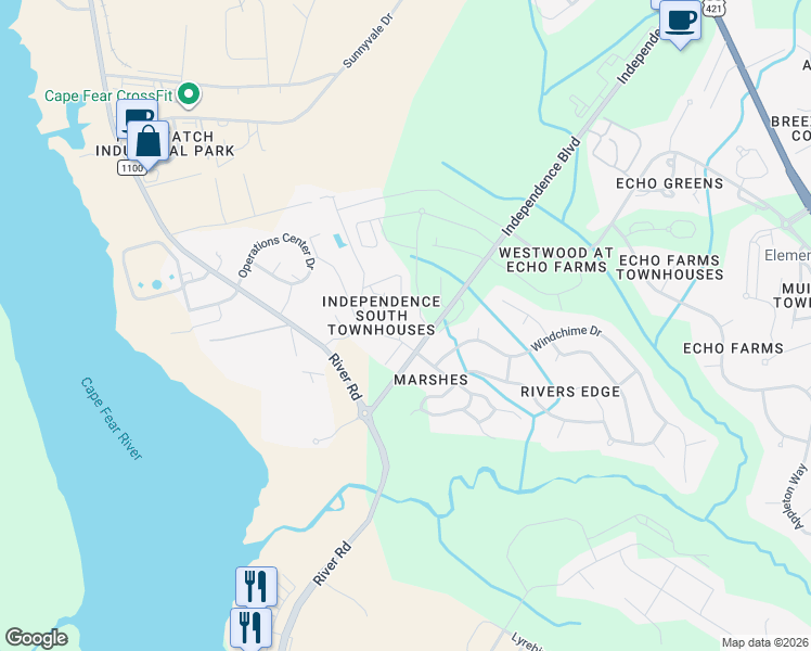 map of restaurants, bars, coffee shops, grocery stores, and more near 204 Hibiscus Way in Wilmington