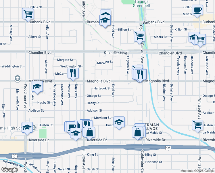 map of restaurants, bars, coffee shops, grocery stores, and more near 13125 Hartsook Street in Los Angeles