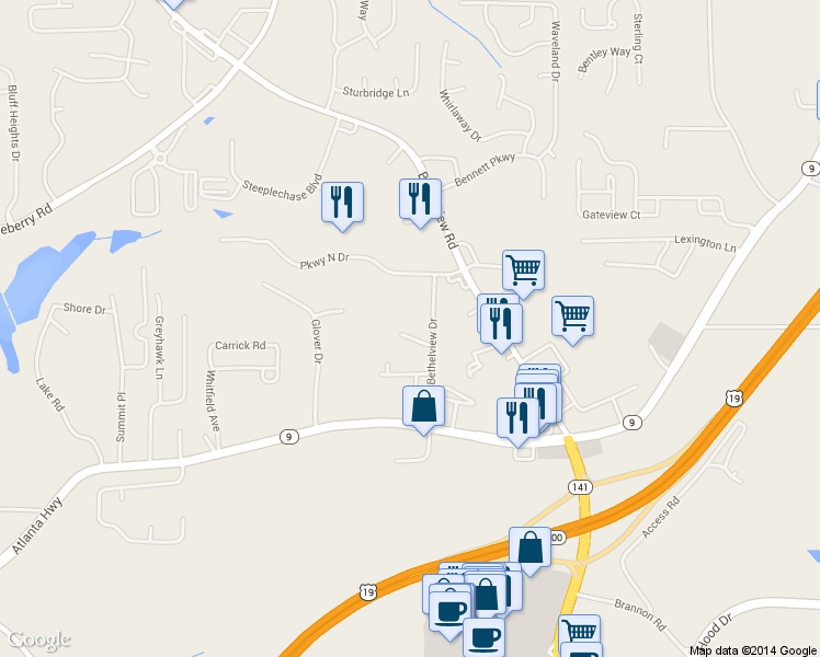 map of restaurants, bars, coffee shops, grocery stores, and more near 2611 Bethelview Drive in Cumming