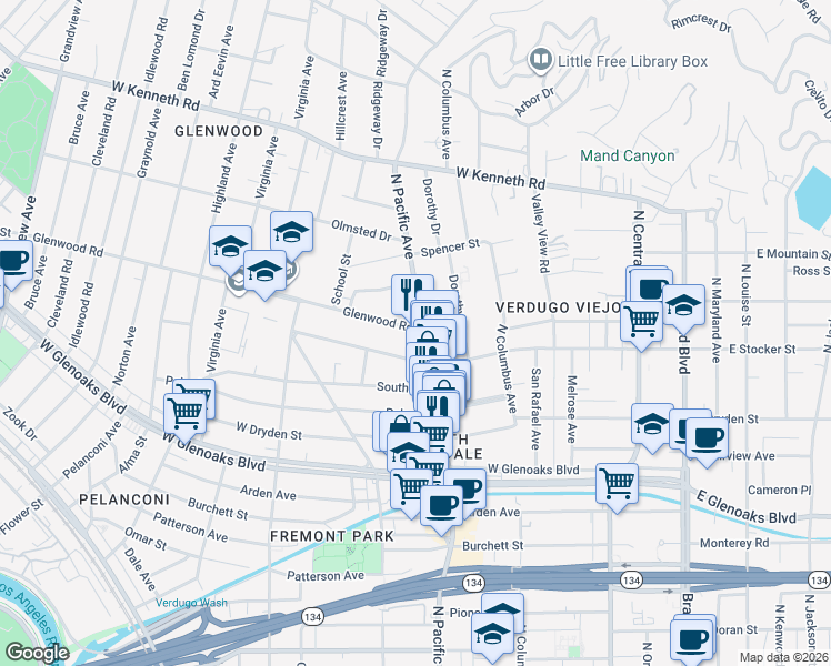 map of restaurants, bars, coffee shops, grocery stores, and more near 1225 North Pacific Avenue in Glendale