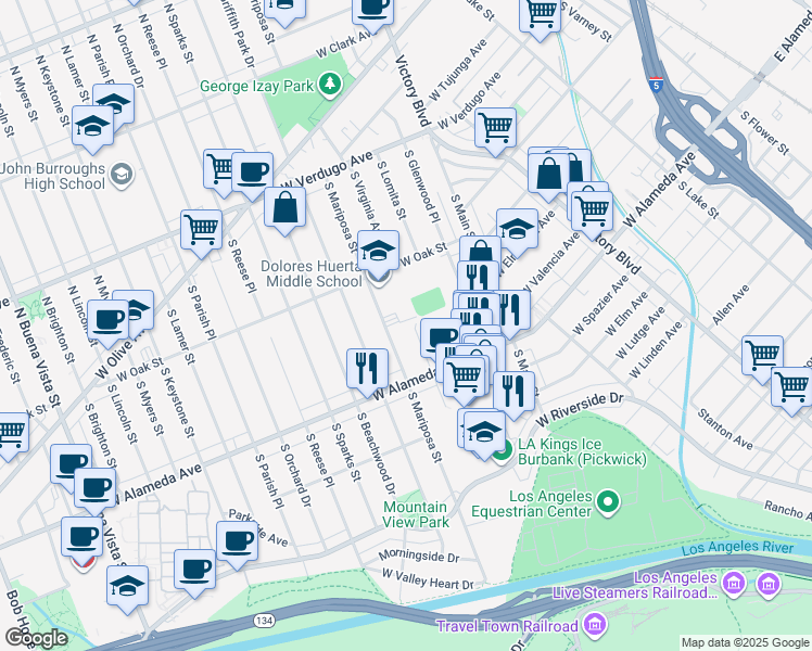 map of restaurants, bars, coffee shops, grocery stores, and more near 517 South Shelton Street in Burbank