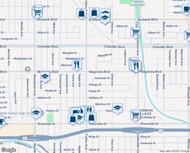 map of restaurants, bars, coffee shops, grocery stores, and more near 13225 Hartsook Street in Los Angeles