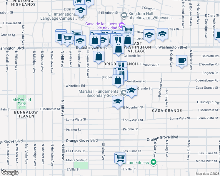 map of restaurants, bars, coffee shops, grocery stores, and more near 1740 Whitefield Road in Pasadena