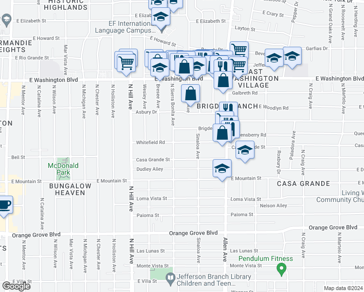 map of restaurants, bars, coffee shops, grocery stores, and more near 1052 North Sierra Bonita Avenue in Pasadena