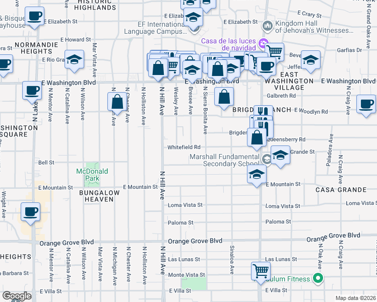 map of restaurants, bars, coffee shops, grocery stores, and more near 1530 Whitefield Road in Pasadena