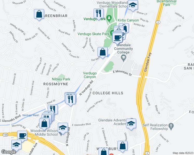 map of restaurants, bars, coffee shops, grocery stores, and more near in Glendale