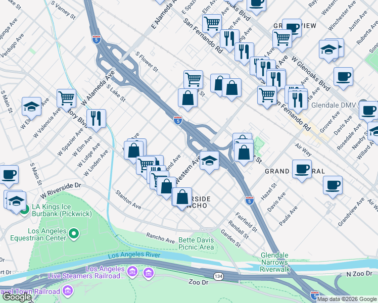 map of restaurants, bars, coffee shops, grocery stores, and more near 511 Western Avenue in Glendale