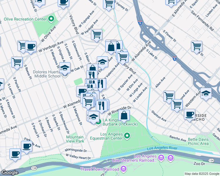 map of restaurants, bars, coffee shops, grocery stores, and more near 419 West Alameda Avenue in Burbank