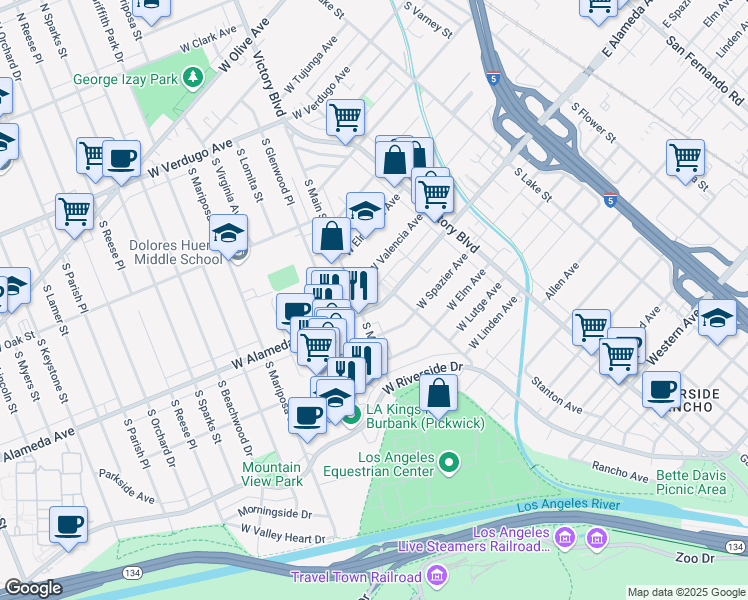 map of restaurants, bars, coffee shops, grocery stores, and more near 419 West Alameda Avenue in Burbank
