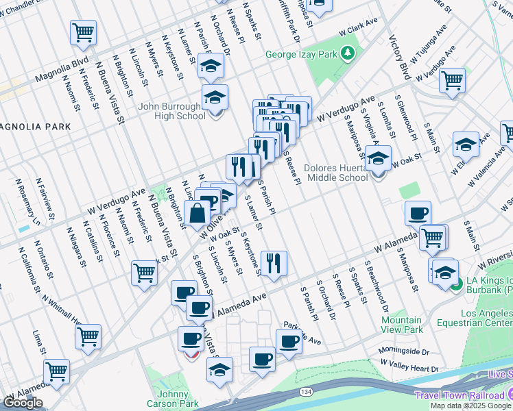 map of restaurants, bars, coffee shops, grocery stores, and more near 138 South Lamer Street in Burbank