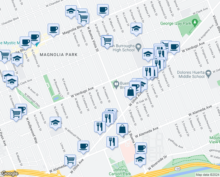 map of restaurants, bars, coffee shops, grocery stores, and more near 332 North Frederic Street in Burbank
