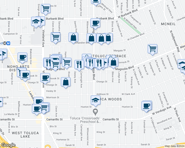 map of restaurants, bars, coffee shops, grocery stores, and more near 5129 Cahuenga Boulevard in Los Angeles