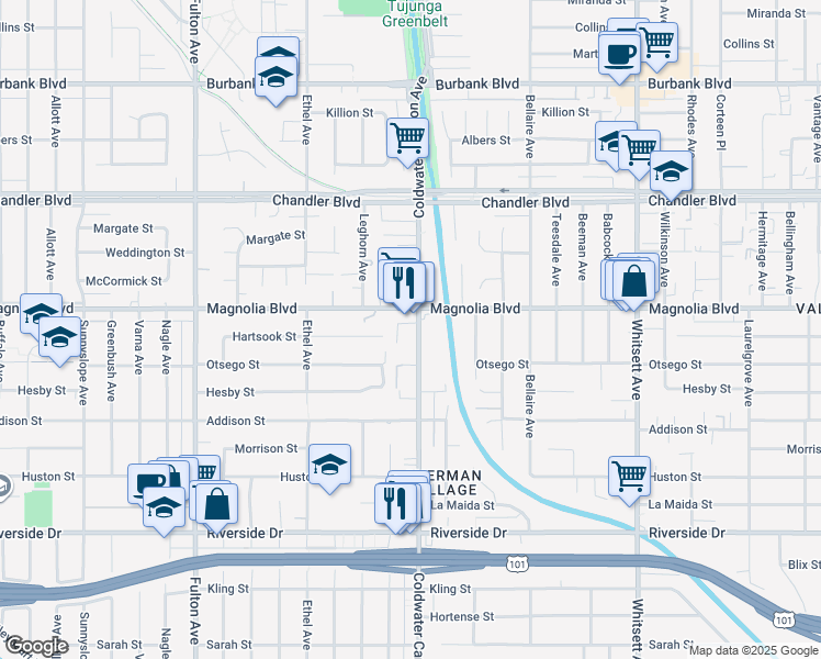 map of restaurants, bars, coffee shops, grocery stores, and more near 5135 Coldwater Canyon Avenue in Los Angeles