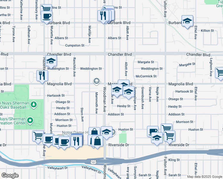 map of restaurants, bars, coffee shops, grocery stores, and more near 5130 Woodman Avenue in Los Angeles