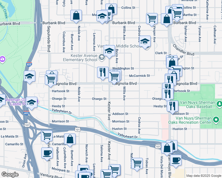 map of restaurants, bars, coffee shops, grocery stores, and more near 14833 Hartsook Street in Los Angeles
