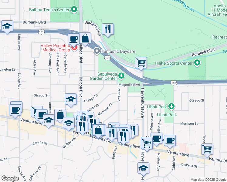 map of restaurants, bars, coffee shops, grocery stores, and more near 16669 Addison Street in Los Angeles