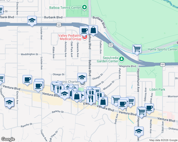 map of restaurants, bars, coffee shops, grocery stores, and more near 5139 Balboa Boulevard in Los Angeles