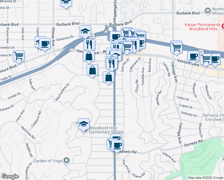 map of restaurants, bars, coffee shops, grocery stores, and more near 22014 De La Guerra Street in Los Angeles