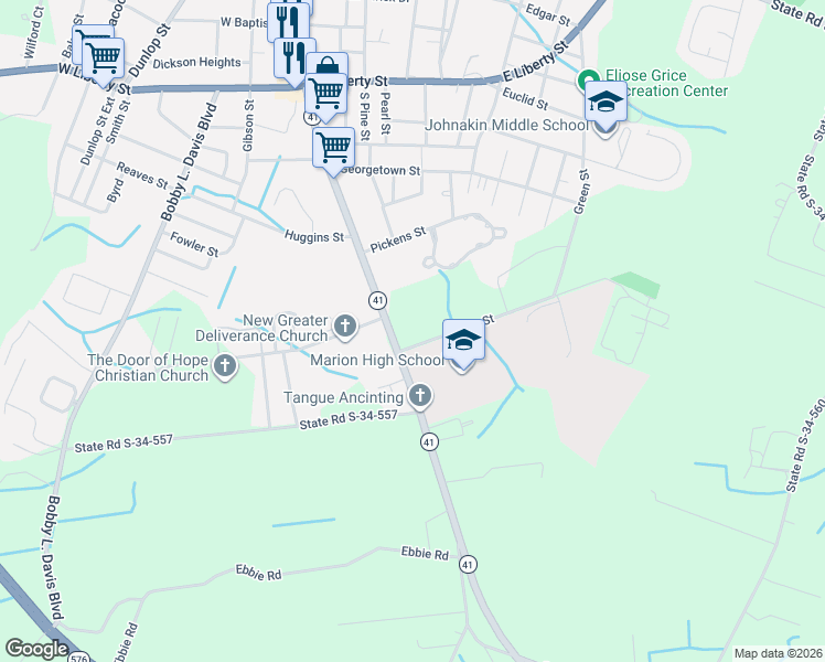 map of restaurants, bars, coffee shops, grocery stores, and more near 1218 South Main Street in Marion