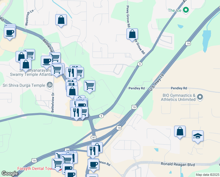 map of restaurants, bars, coffee shops, grocery stores, and more near 2145 Holly Park Drive in Cumming