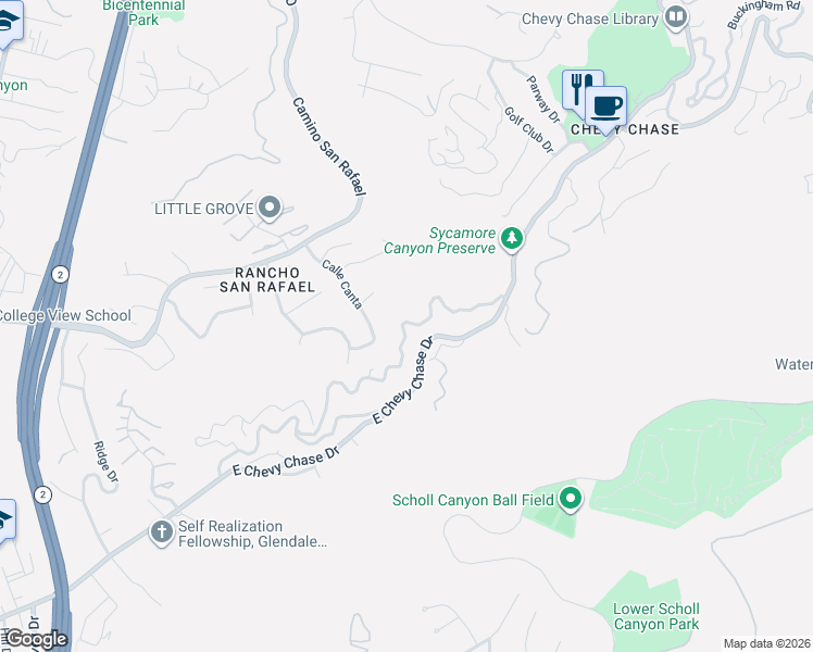 map of restaurants, bars, coffee shops, grocery stores, and more near 2718 Kennington Drive in Glendale