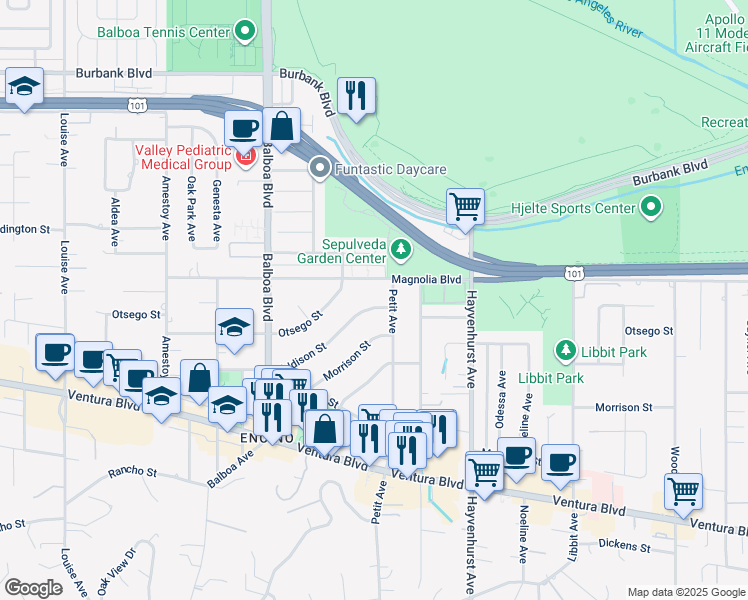 map of restaurants, bars, coffee shops, grocery stores, and more near 16669 Addison Street in Los Angeles