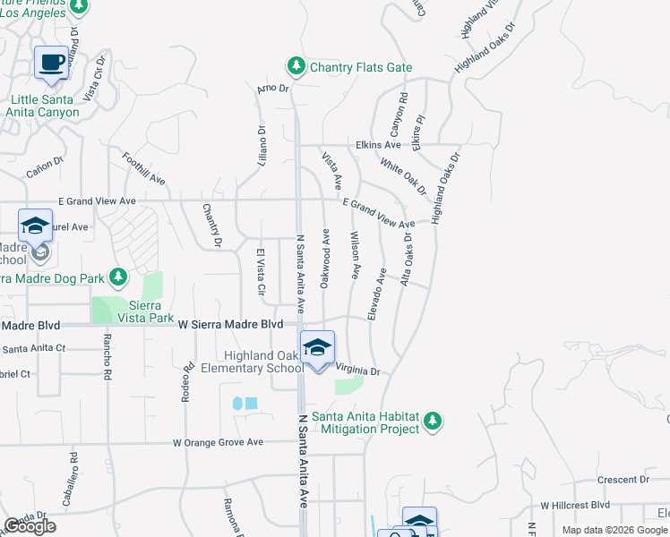 map of restaurants, bars, coffee shops, grocery stores, and more near 1768 Oakwood Avenue in Arcadia