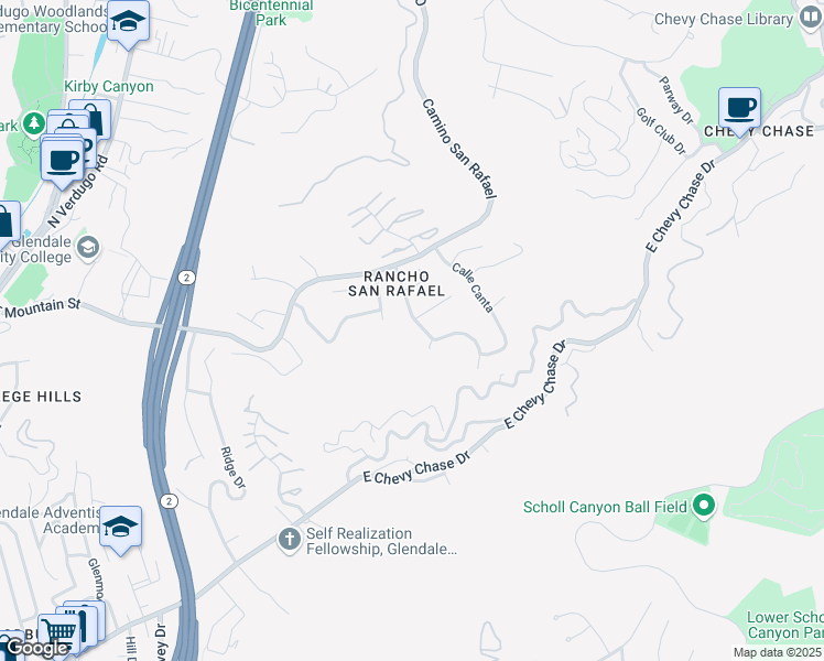 map of restaurants, bars, coffee shops, grocery stores, and more near 933 Calle La Primavera in Glendale