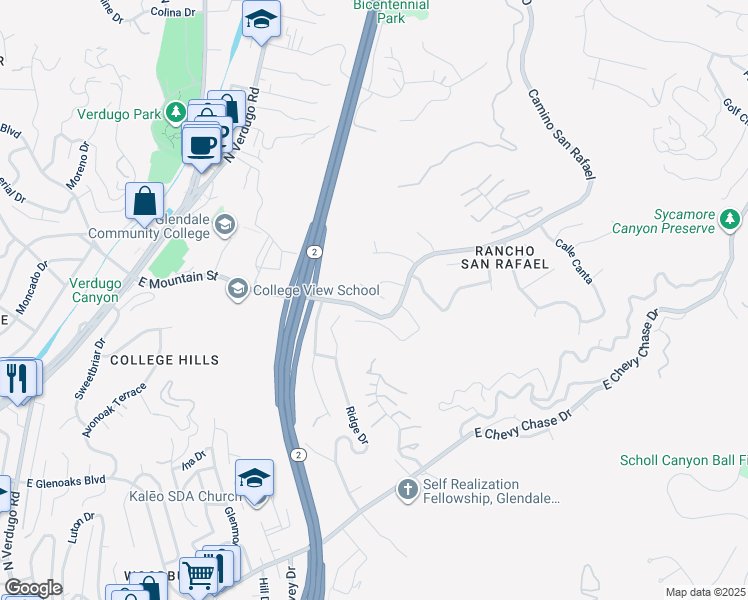 map of restaurants, bars, coffee shops, grocery stores, and more near 1015 Calle Azul in Glendale
