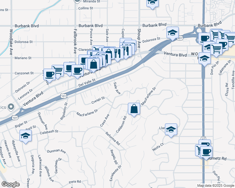 map of restaurants, bars, coffee shops, grocery stores, and more near 5207 Sale Avenue in Los Angeles