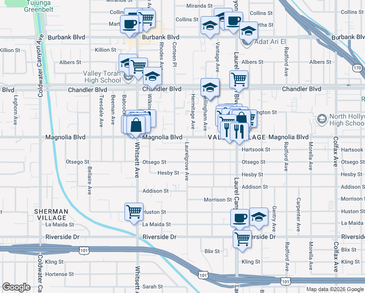 map of restaurants, bars, coffee shops, grocery stores, and more near 12311 Hartsook Street in Los Angeles