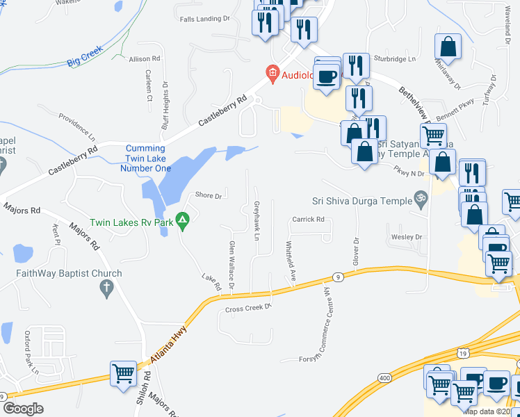 map of restaurants, bars, coffee shops, grocery stores, and more near 2960 Greyhawk Lane in Cumming