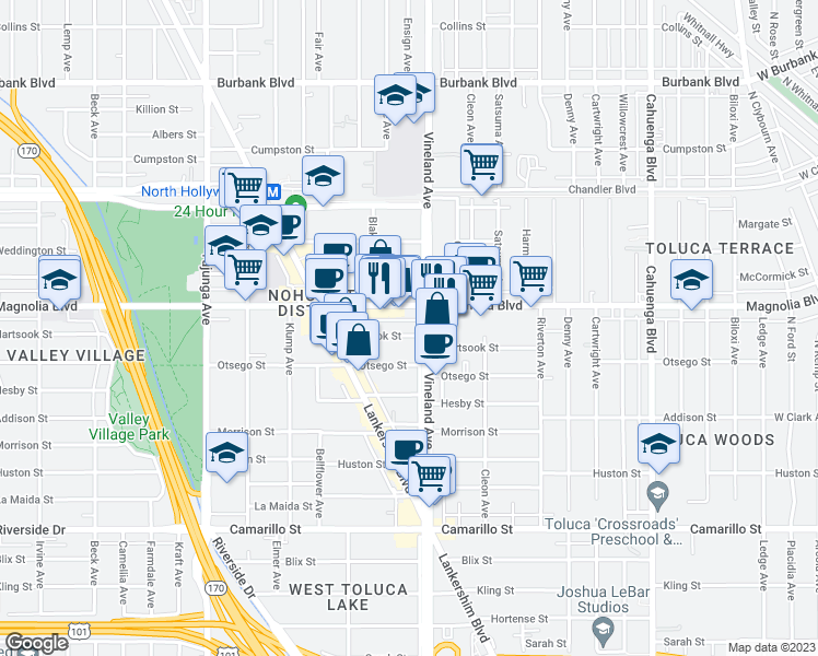 map of restaurants, bars, coffee shops, grocery stores, and more near 11013 Hartsook Street in Los Angeles