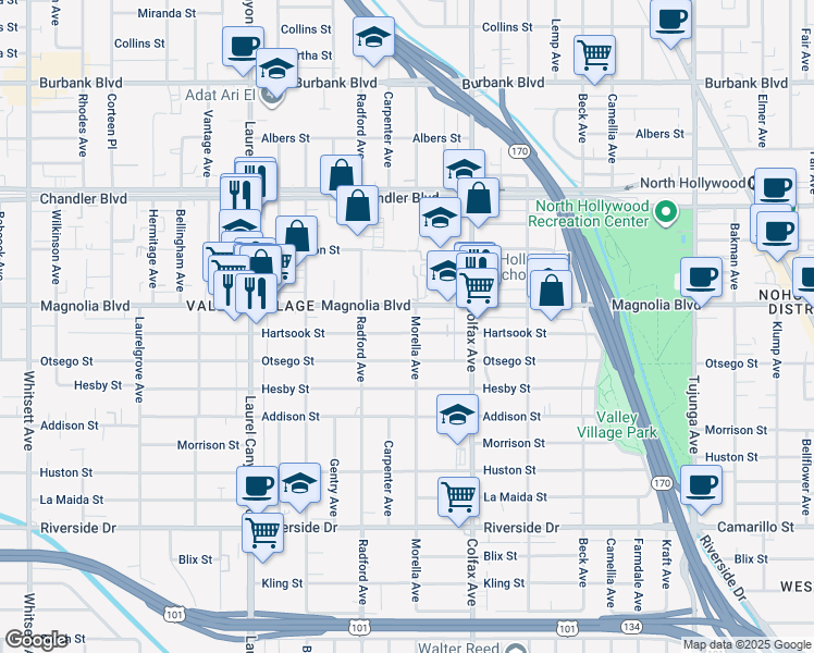 map of restaurants, bars, coffee shops, grocery stores, and more near 11805 Hartsook Street in Los Angeles