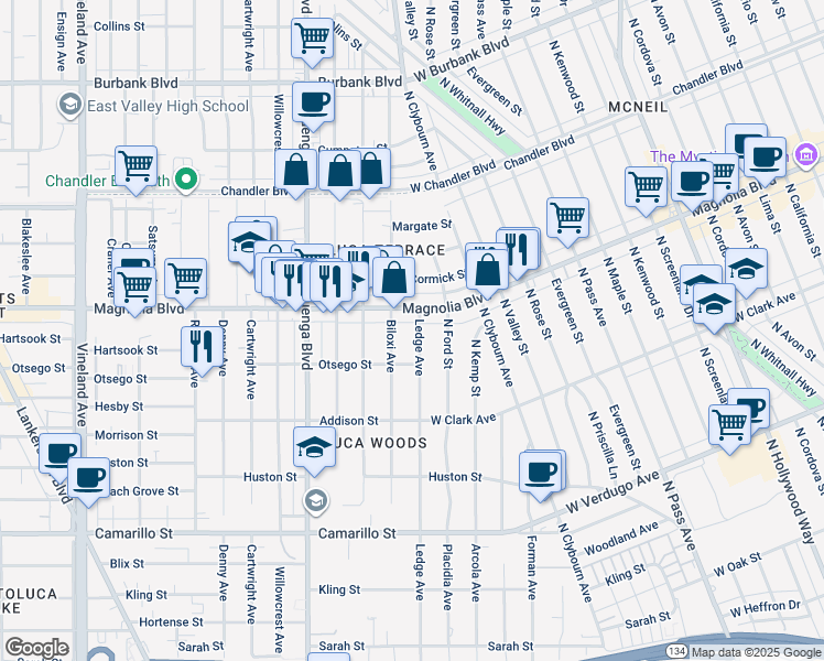 map of restaurants, bars, coffee shops, grocery stores, and more near 5137 Ledge Avenue in Los Angeles