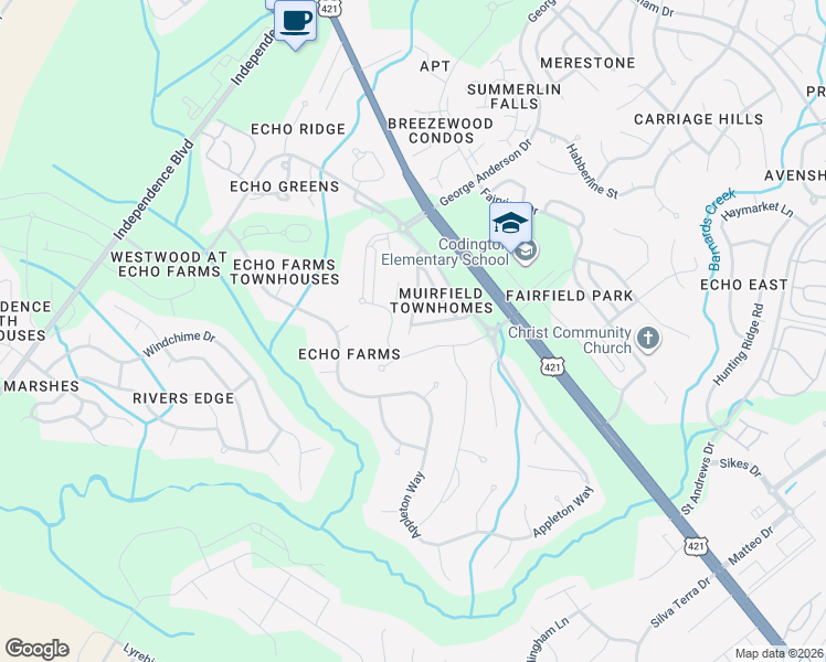map of restaurants, bars, coffee shops, grocery stores, and more near Terrington Drive in Wilmington
