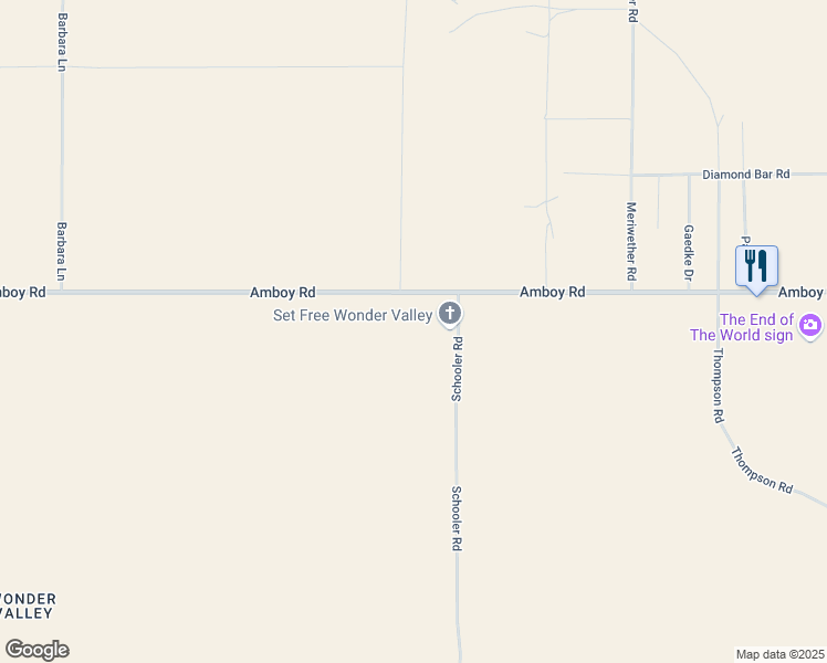 map of restaurants, bars, coffee shops, grocery stores, and more near 82525 Amboy Road in Twentynine Palms