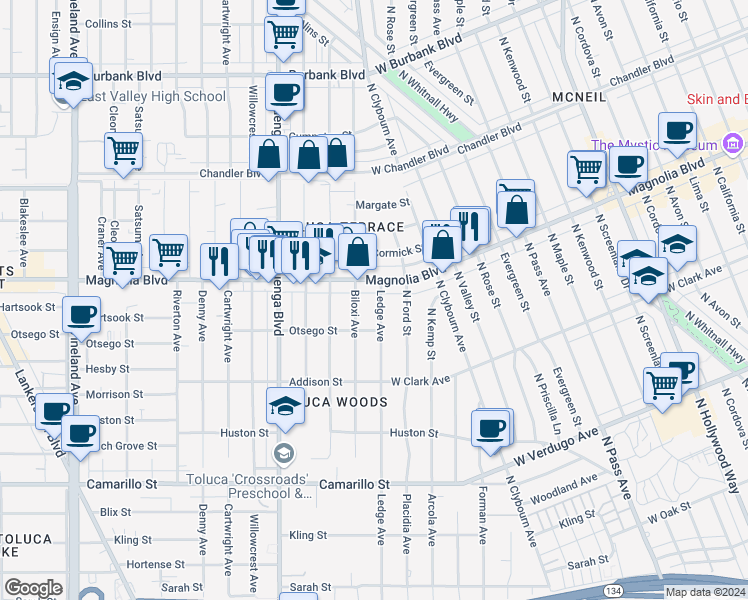 map of restaurants, bars, coffee shops, grocery stores, and more near 5137 Ledge Avenue in Los Angeles
