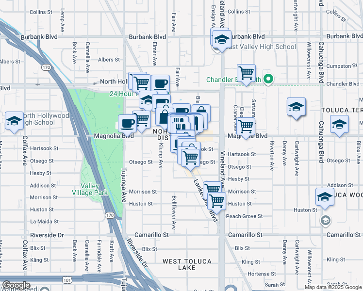 map of restaurants, bars, coffee shops, grocery stores, and more near 5142 Lankershim Boulevard in Los Angeles