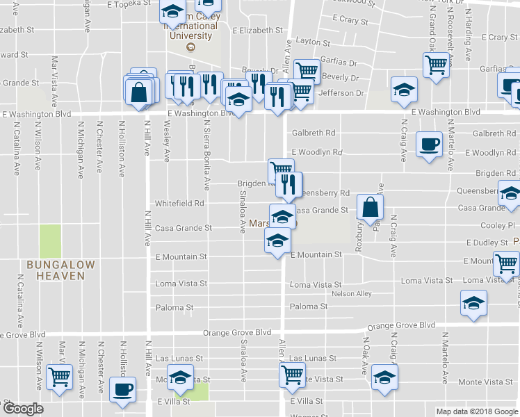 map of restaurants, bars, coffee shops, grocery stores, and more near 1740 Whitefield Road in Pasadena