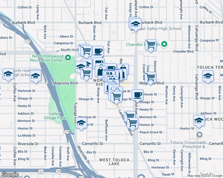 map of restaurants, bars, coffee shops, grocery stores, and more near 5142 Lankershim Boulevard in Los Angeles
