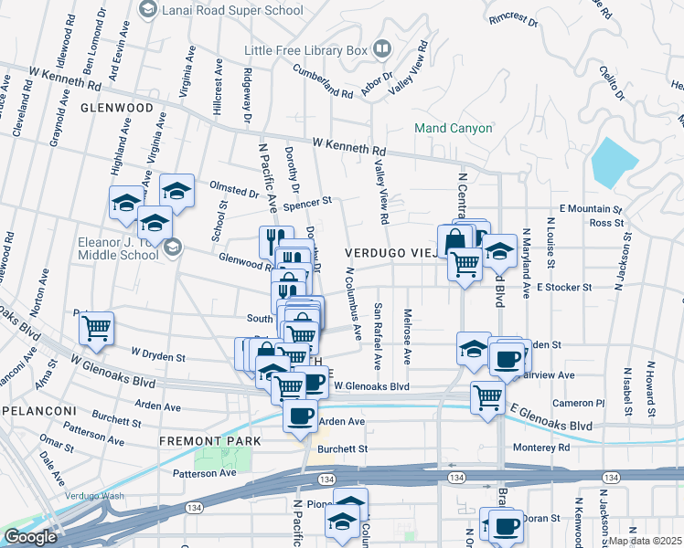 map of restaurants, bars, coffee shops, grocery stores, and more near 1219 North Columbus Avenue in Glendale