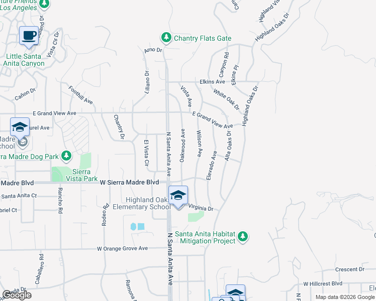map of restaurants, bars, coffee shops, grocery stores, and more near 1768 Oakwood Avenue in Arcadia