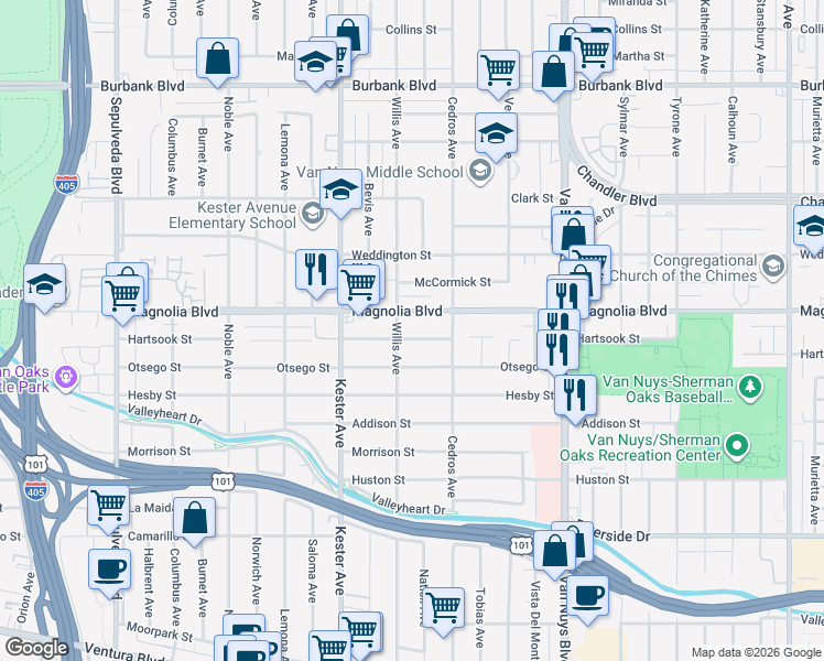 map of restaurants, bars, coffee shops, grocery stores, and more near 14747 Hartsook Street in Los Angeles